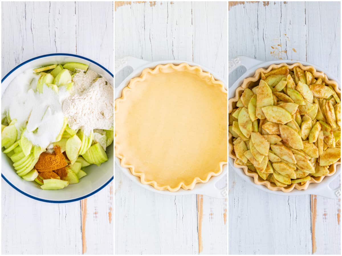 collage of three photos: sliced green apples, flour, sugar and cinnamon in a  bowl, a pie crust in a white pie dish, apple pie filling placed into pie crust. 