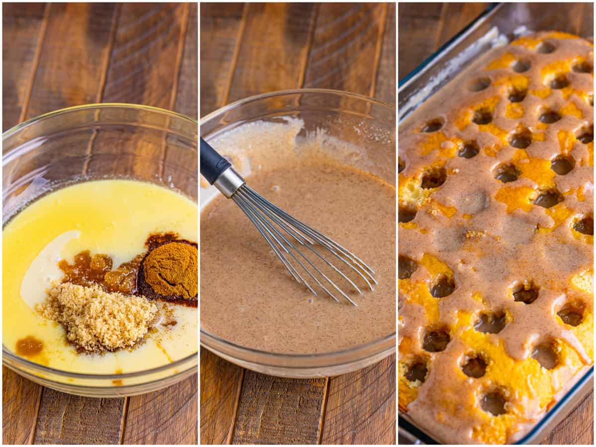 a collage photo of three images: a clear bowl with sweetened condensed milk, melted butter, brown sugar and cinnamon, a clear bowl shown with these ingredients fully mixed with a whisk, sweetened condensed milk mixture shown poured into holes on baked cake. 