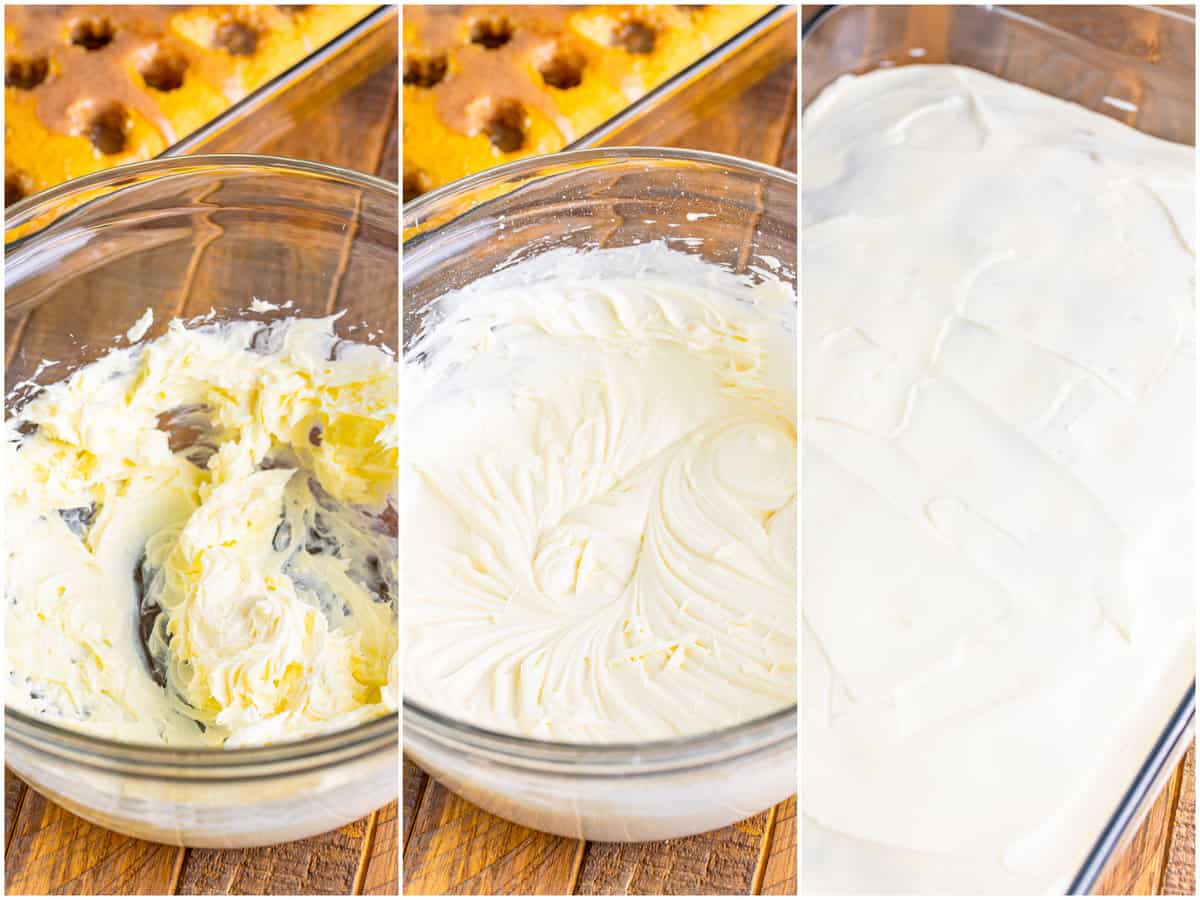 a collage of three photos: cream cheese and butter mixed together in a clear bowl, powdered sugar and milk added to butter and cream cheese mixture in the bowl, frosting spread out evenly over finished cake. 