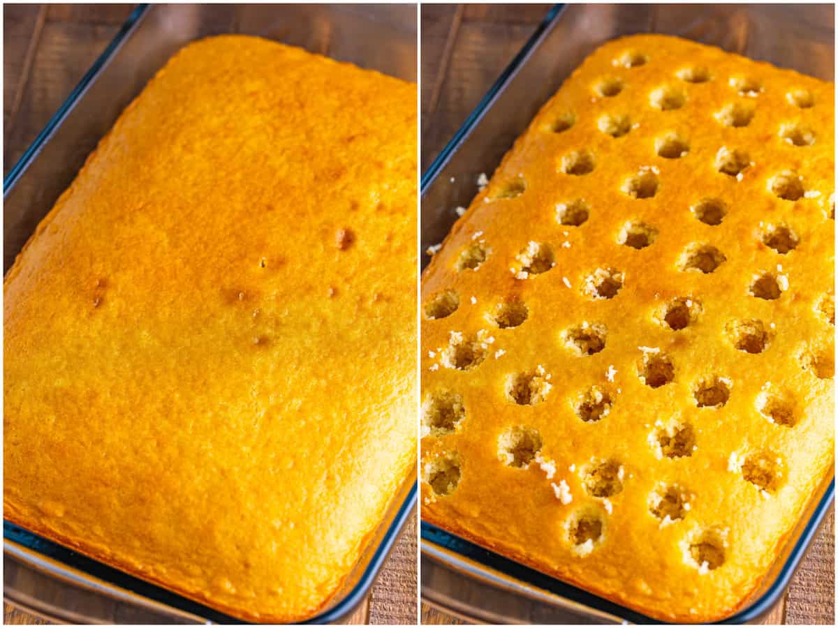 a collage of two photos: fully baked French vanilla cake and cake shown with holes poked into it with the handle of a wooden spoon. 