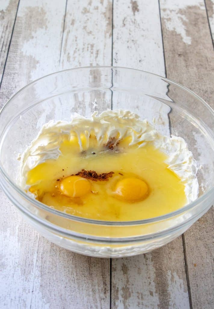 cream cheese, egg, melted butter, ground cinnamon and vanilla extract mixed together in a separate clear bowl