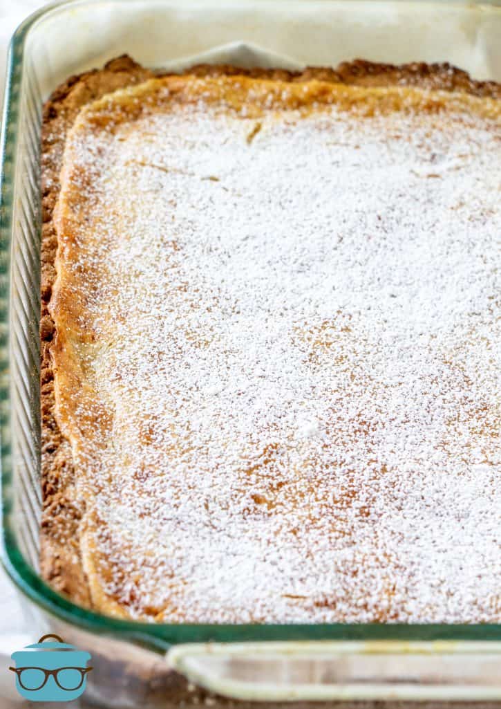Gooey Butter Spice Cake, fully baked and sprinkled with powdered sugar
