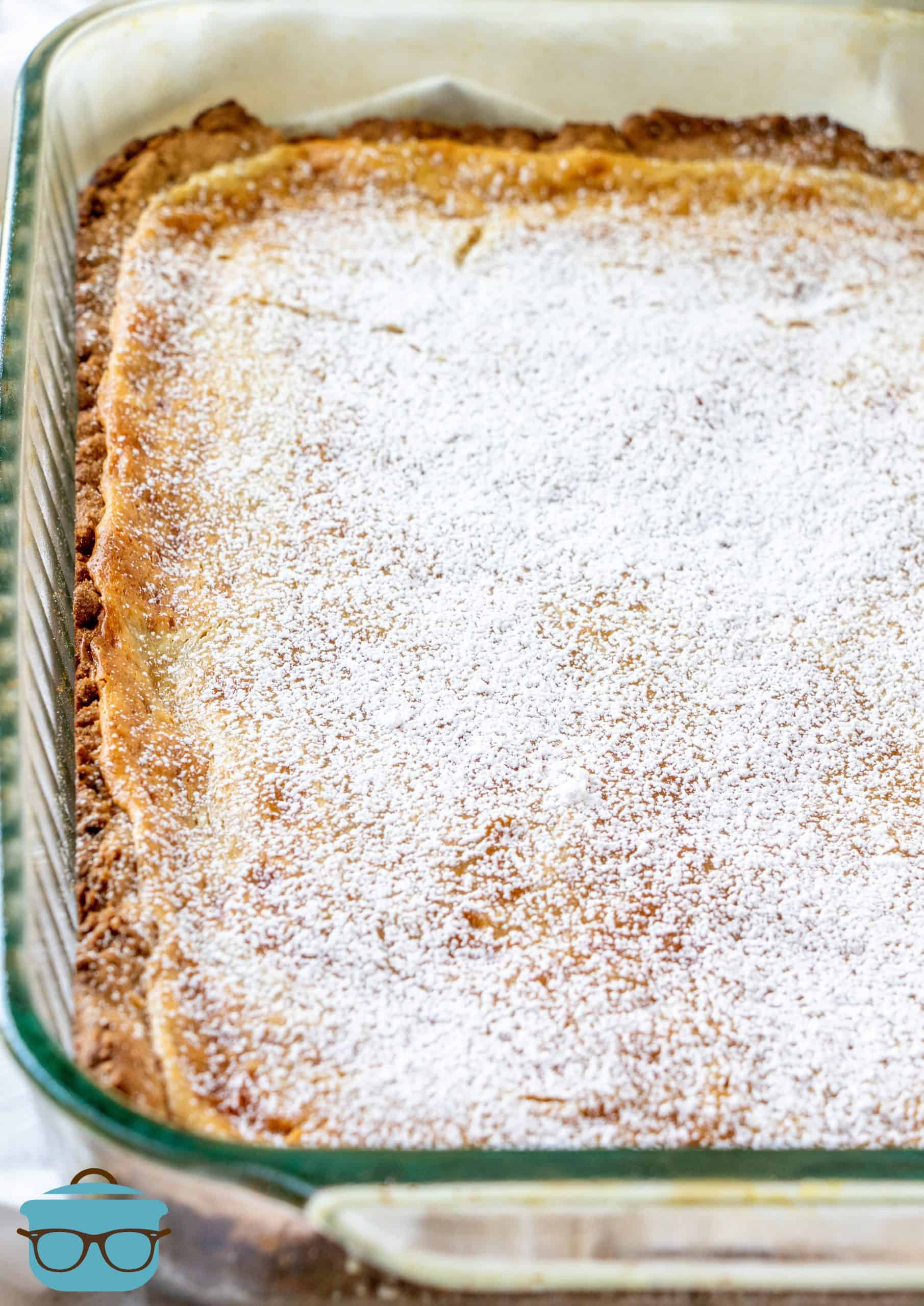 Gooey Butter Spice Cake, fully baked and sprinkled with powdered sugar.