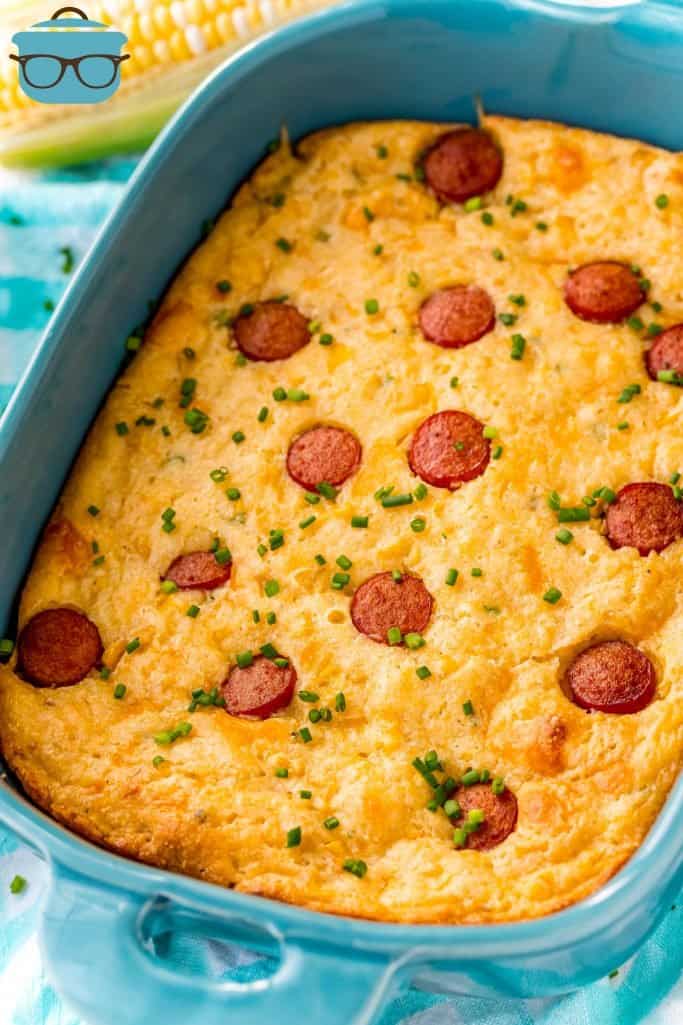 fully baked Hot Dog Corn Casserole in a teal baking dish