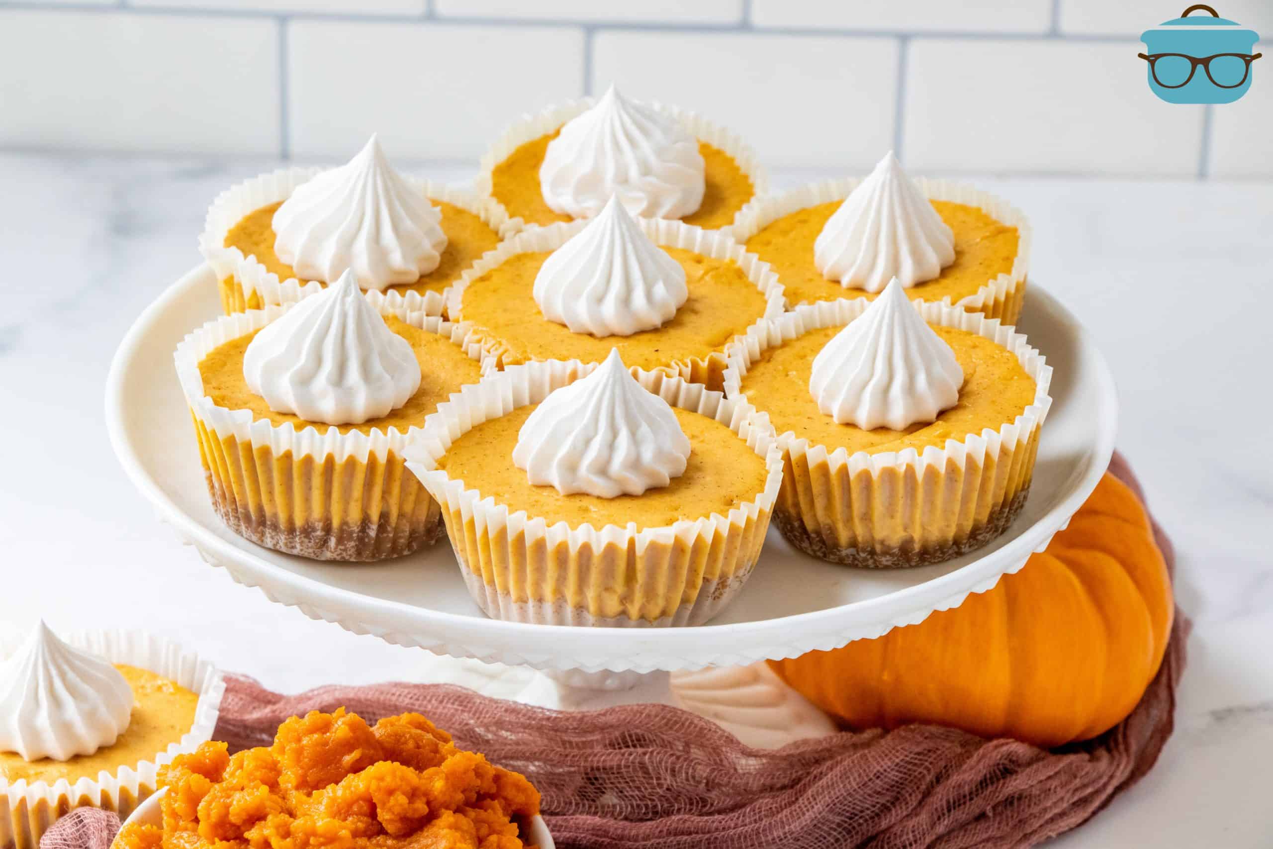 Mini Pumpkin Cheesecakes on a white pie plate.
