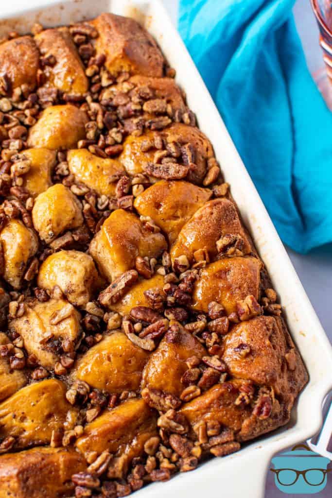 fully baked easy French toast casserole recipe with a blue napkin on the side of the dish