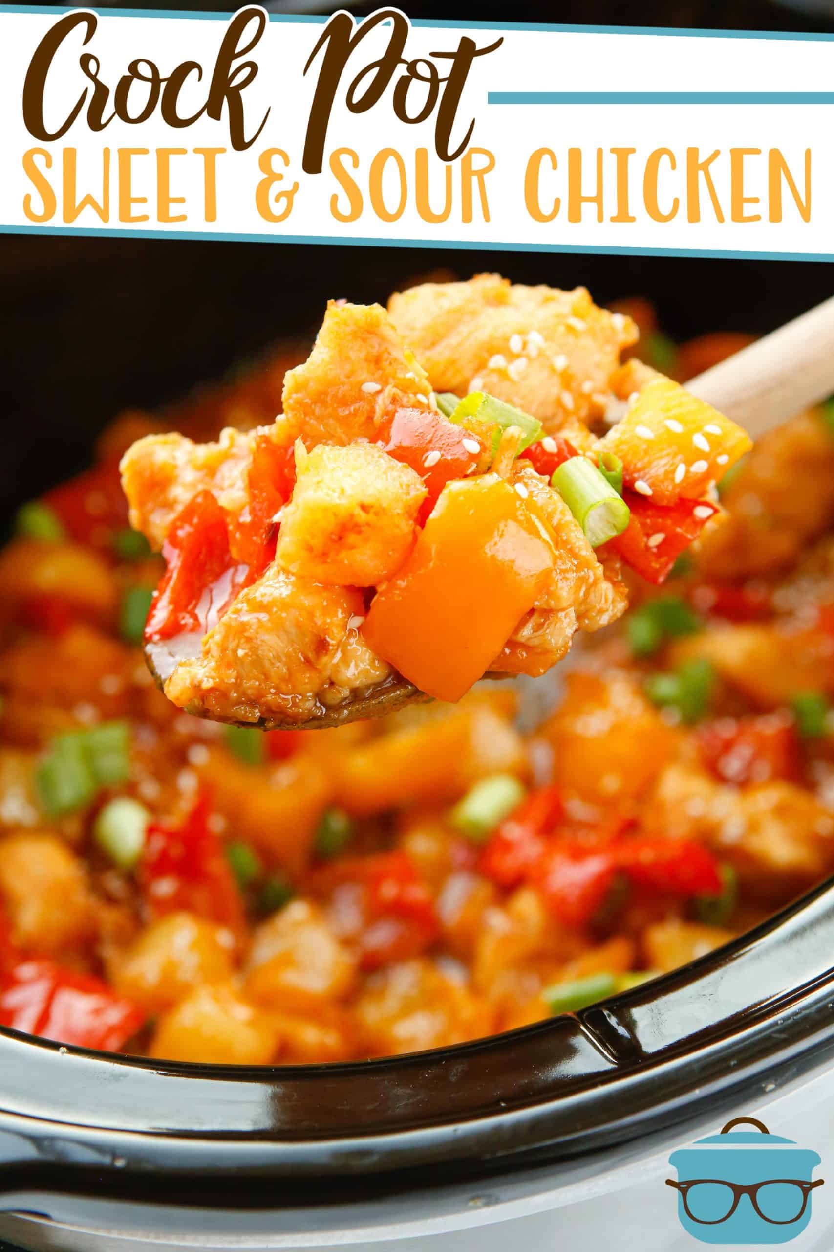 Crock Pot Sweet and Sour Chicken from The Country Cook, shown in a crock pot with a wooden spoon scooping some out.