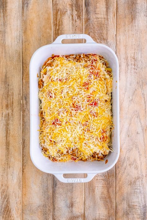 all layers added to mexican lasagna.