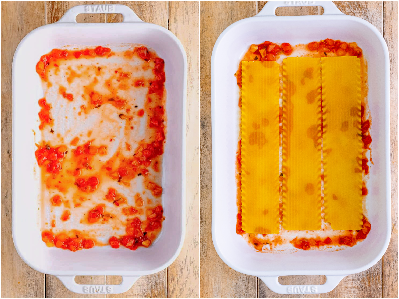collage of two photos: a layer of salsa on the bottom of a whit baking dish; three uncooked lasagna noodles added on top of salsa layer. 