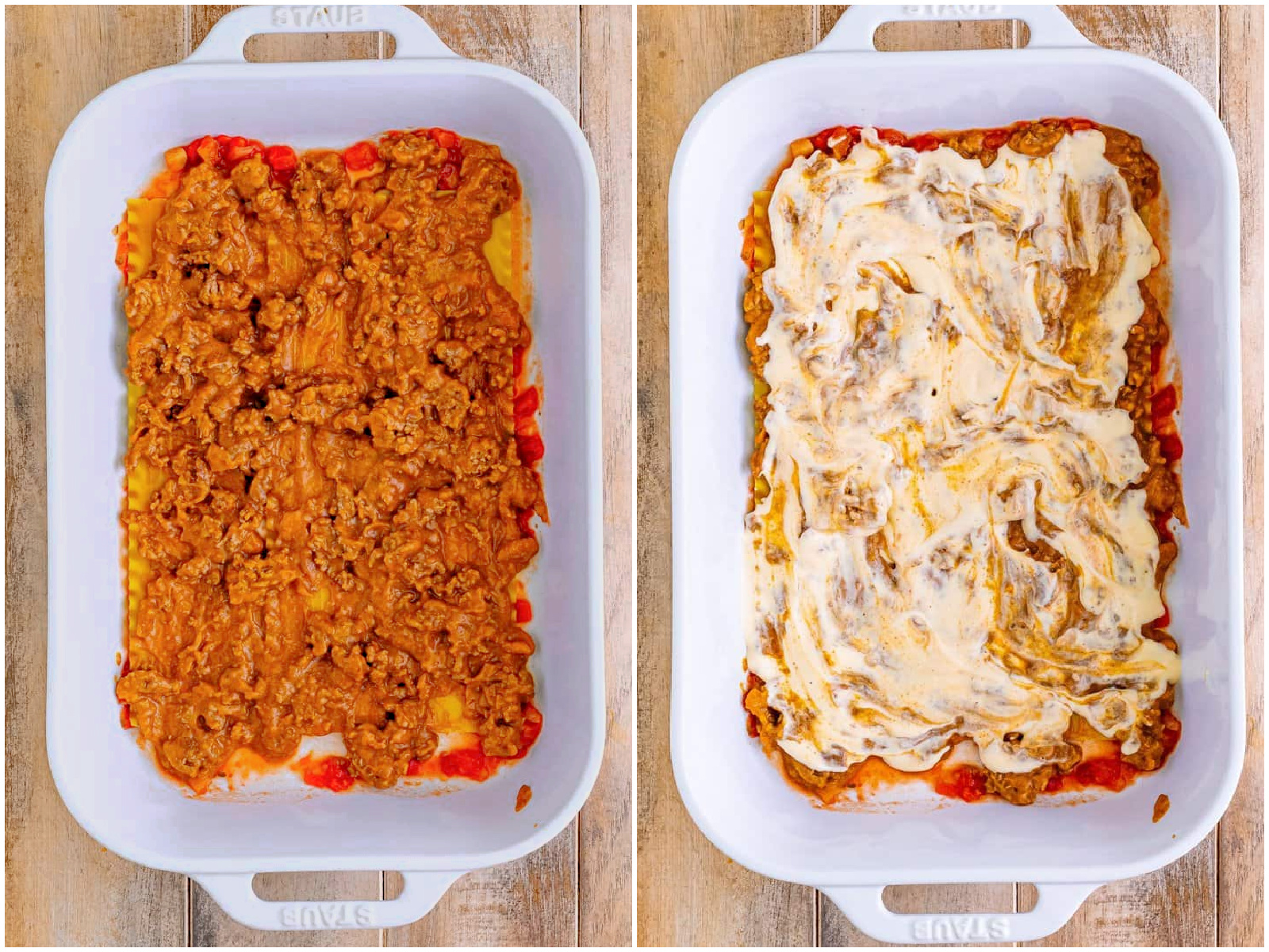 collage of two photos: ground beef layered on top of lasagna noodles; Alfred sauce layered on top of ground beef. 