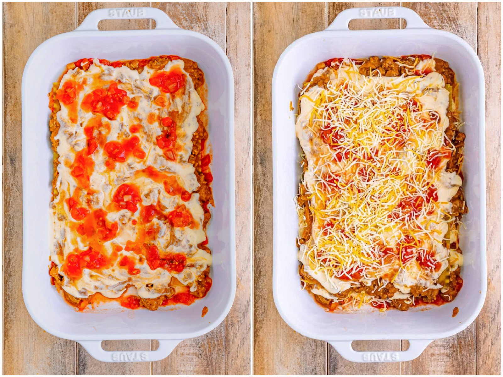 collage of two photos: salsa dolloped on top of alfredo layer; shredded cheese added on top of salsa layer. 
