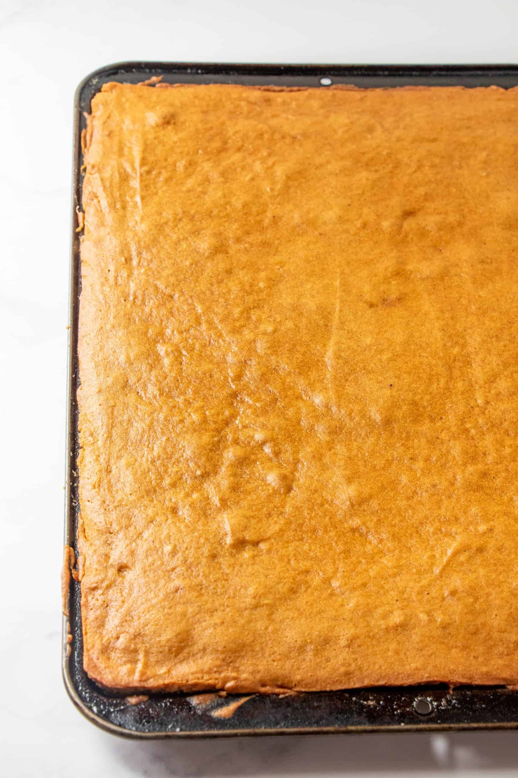 pumpkin cake bar after being fully cooked and pictured in a metal baking pan.