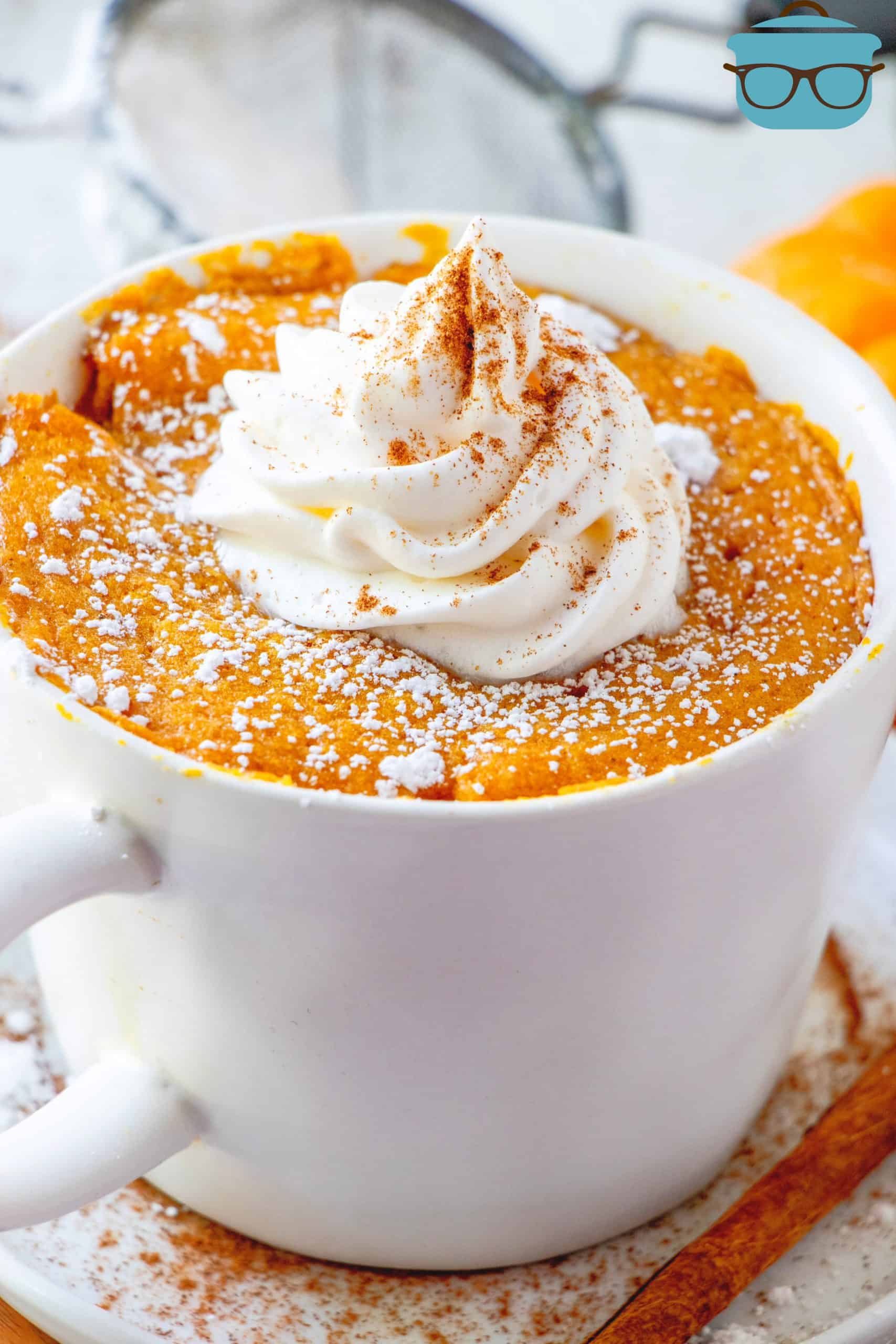 PUMPKIN MUG CAKE topped with whipped cream and ground cinnamon with a cinnamon stick set to the side.