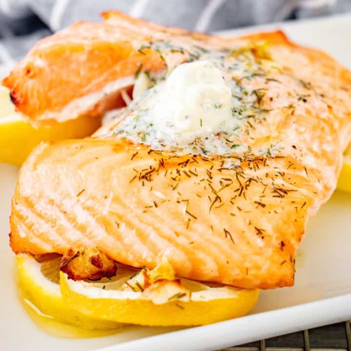 Air Fryer Salmon recipe with lemon garlic dill butter.