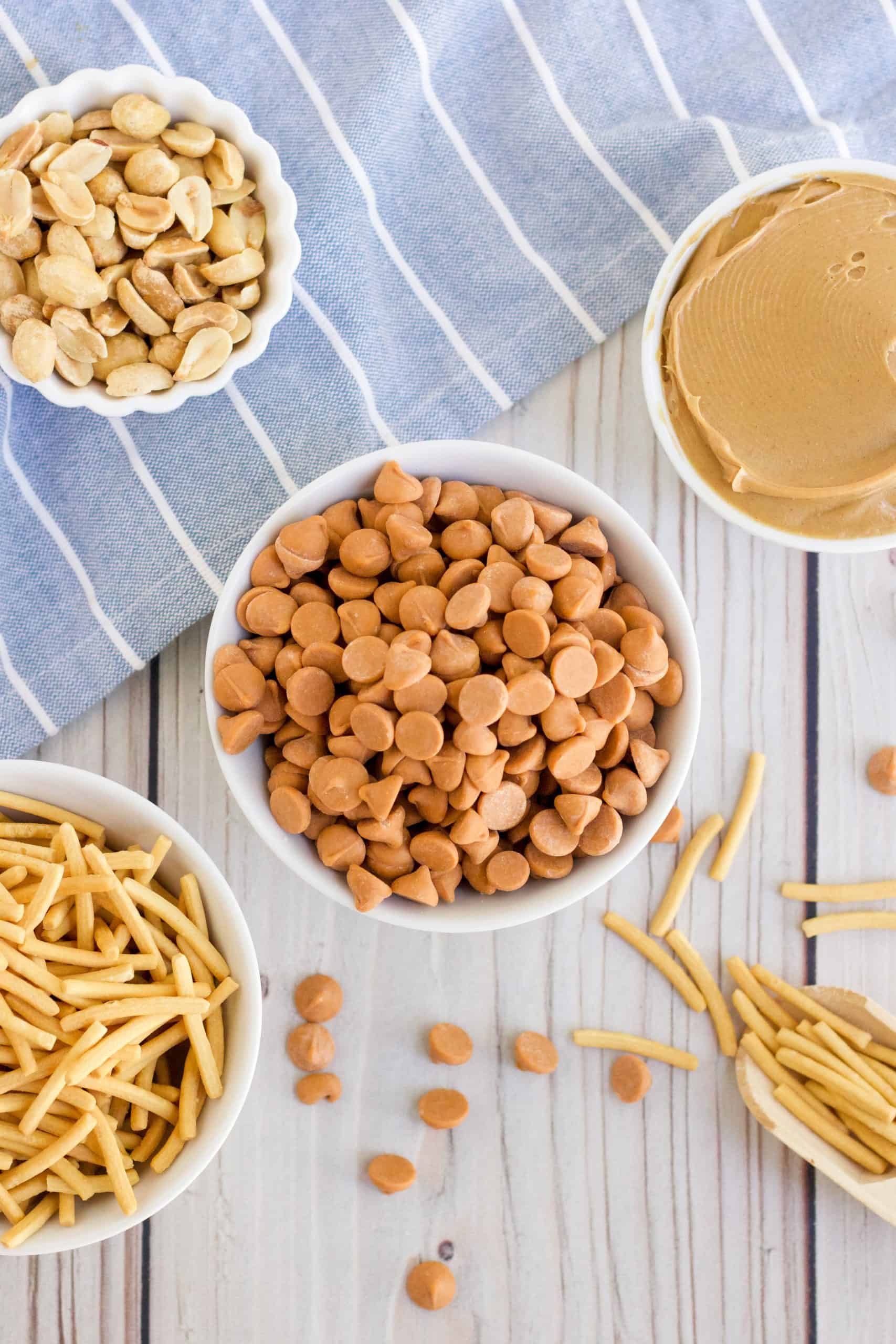 butterscotch chips, creamy peanut butter, chow mein noodles, roasted peanuts.