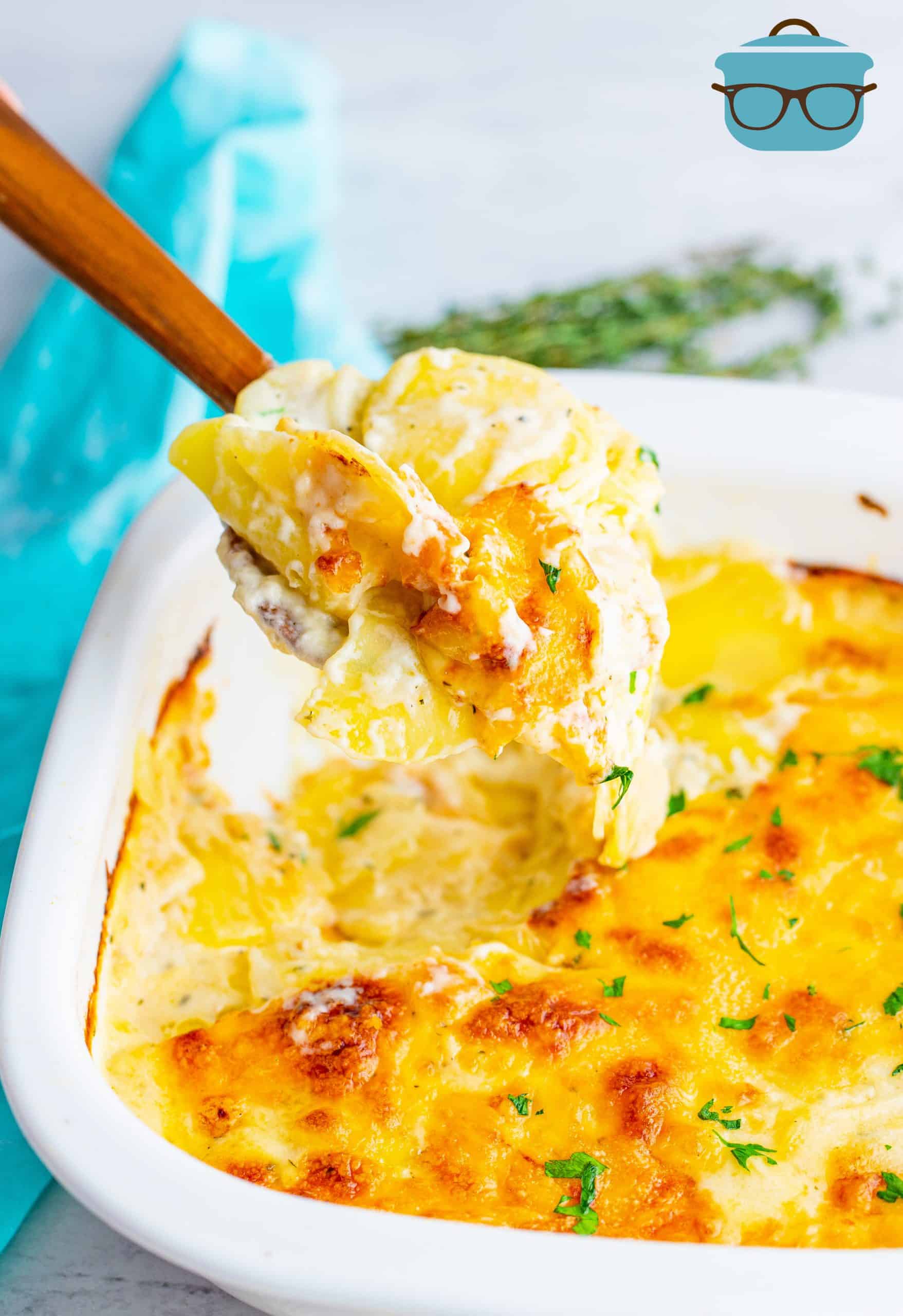 Cheesy Scalloped Potatoes, fully baked, shown in a white baking dish with a wooden spoon scooping out some of the potatoes.