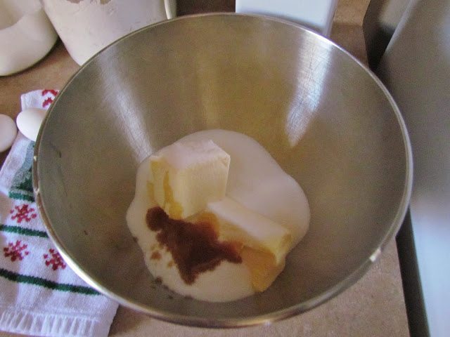 shortening, sugar, milk and vanilla extract in the bottom of a steel mixing bowl