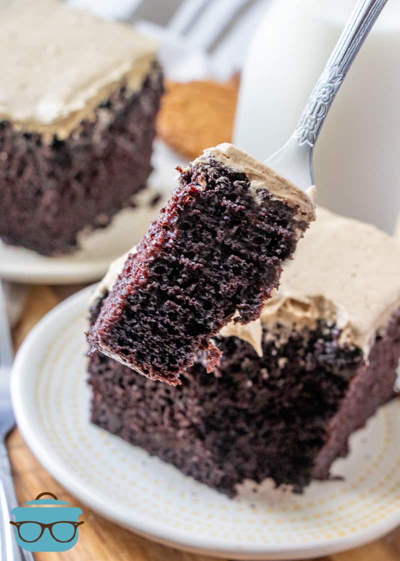Dark Chocolate Cake with Gingerbread Frosting, forkful of cake.