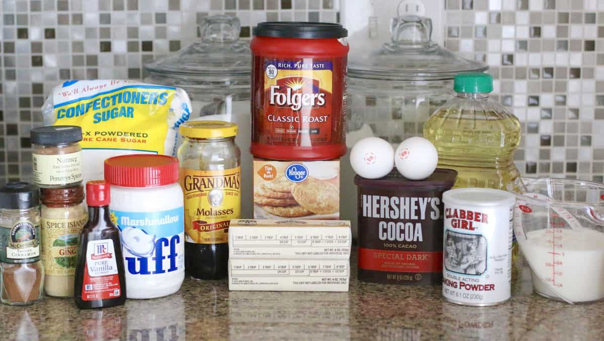 flour, coffee, dark cocoa powder, molasses, marshmallow fluff, eggs, oil, spices, baking powder, butter and milk.