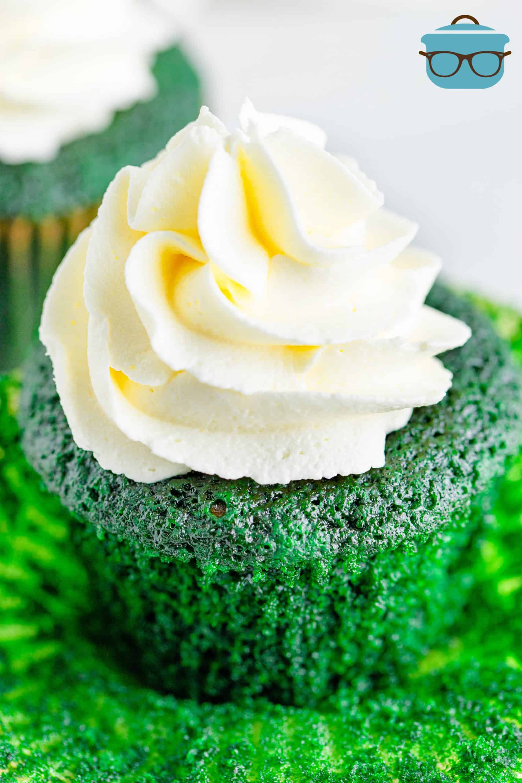 Green Velvet Cupcake, shown close up with part of the cupcake liner removed.