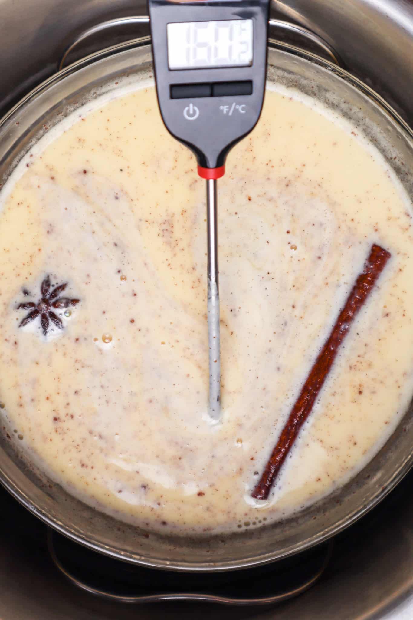 food thermometer showing 160f degree temperature reading while inserted to mixture.