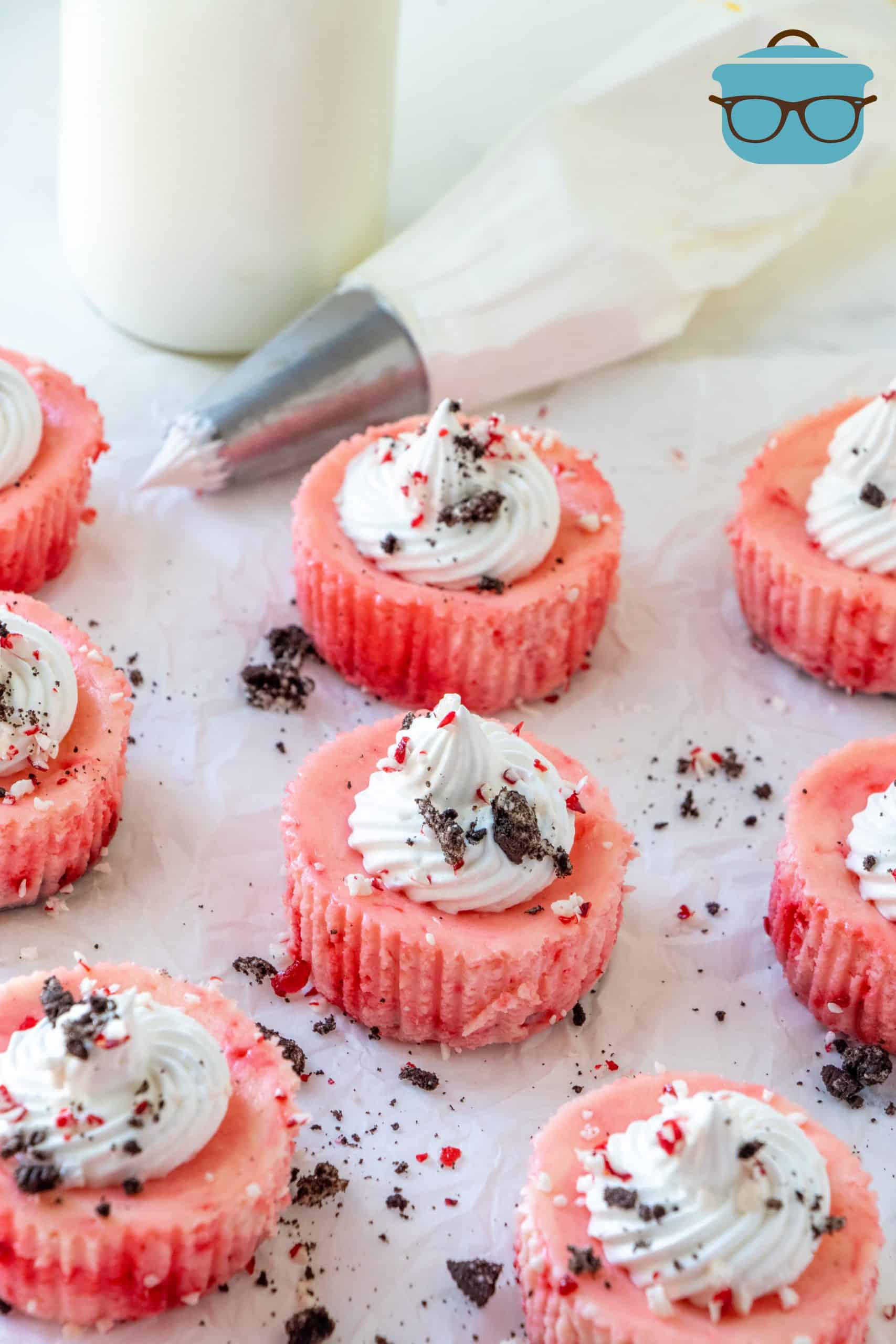 Mini Oreo Peppermint Cheesecakes on parchment paper with w frosting piping bag off to the side.