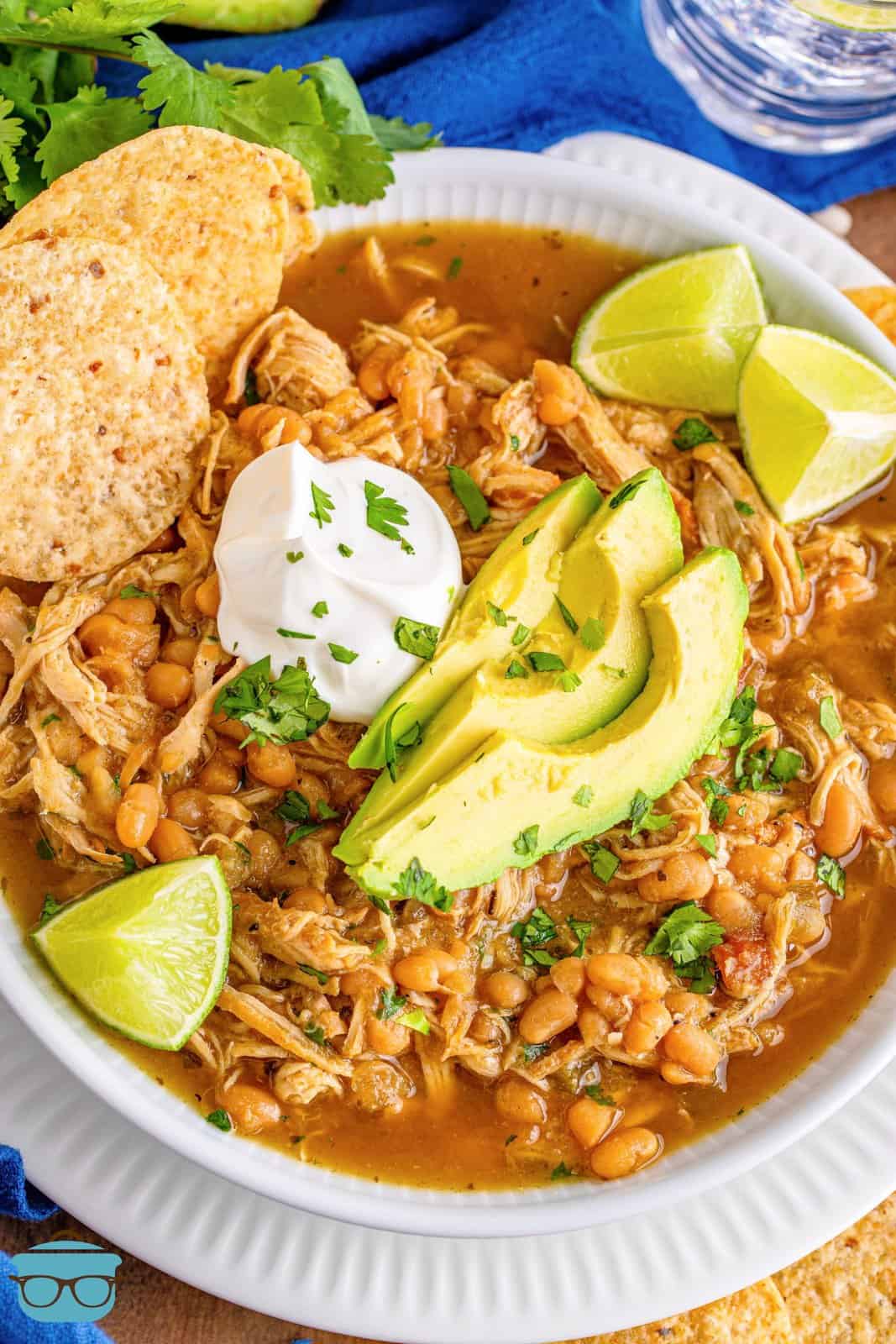overhead photo of white chicken chili in a white bowl and topped with avocado slices and tortilla chips.