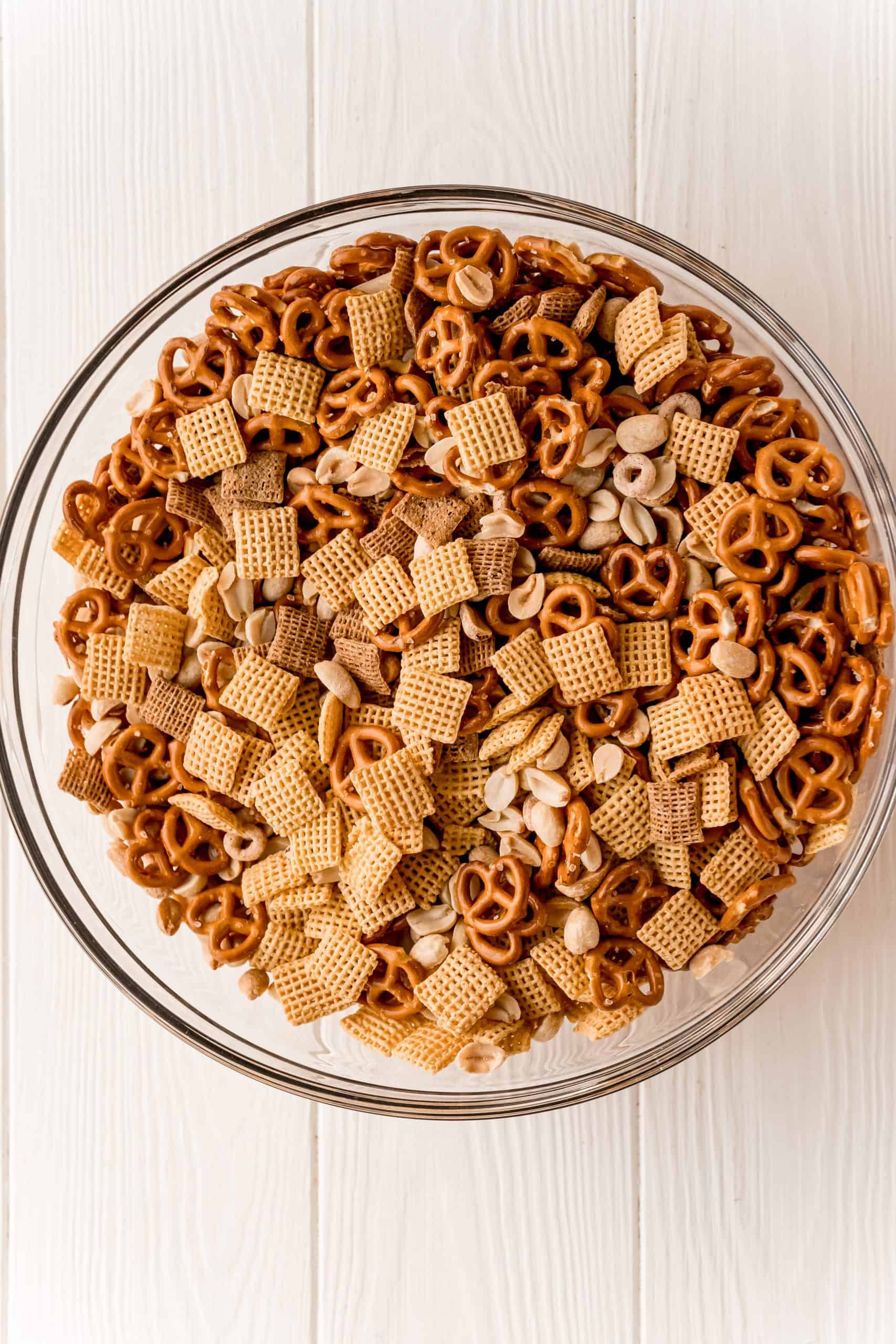 The Best Party Chex Mix ingredients in bowl