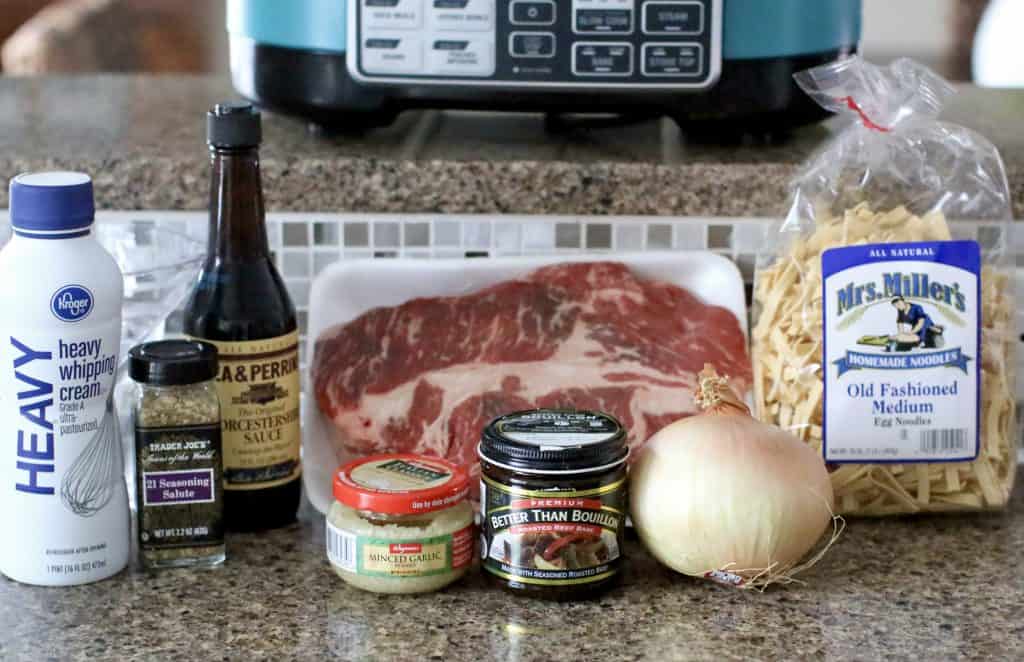 Crock Pot Beef and Noodles ingredients: chuck roast, vegetable oil, steak seasoning, onion, minced garlic, water, Better than Bouillon, Worcestershire sauce, dried homestyle egg noodles, heavy cream