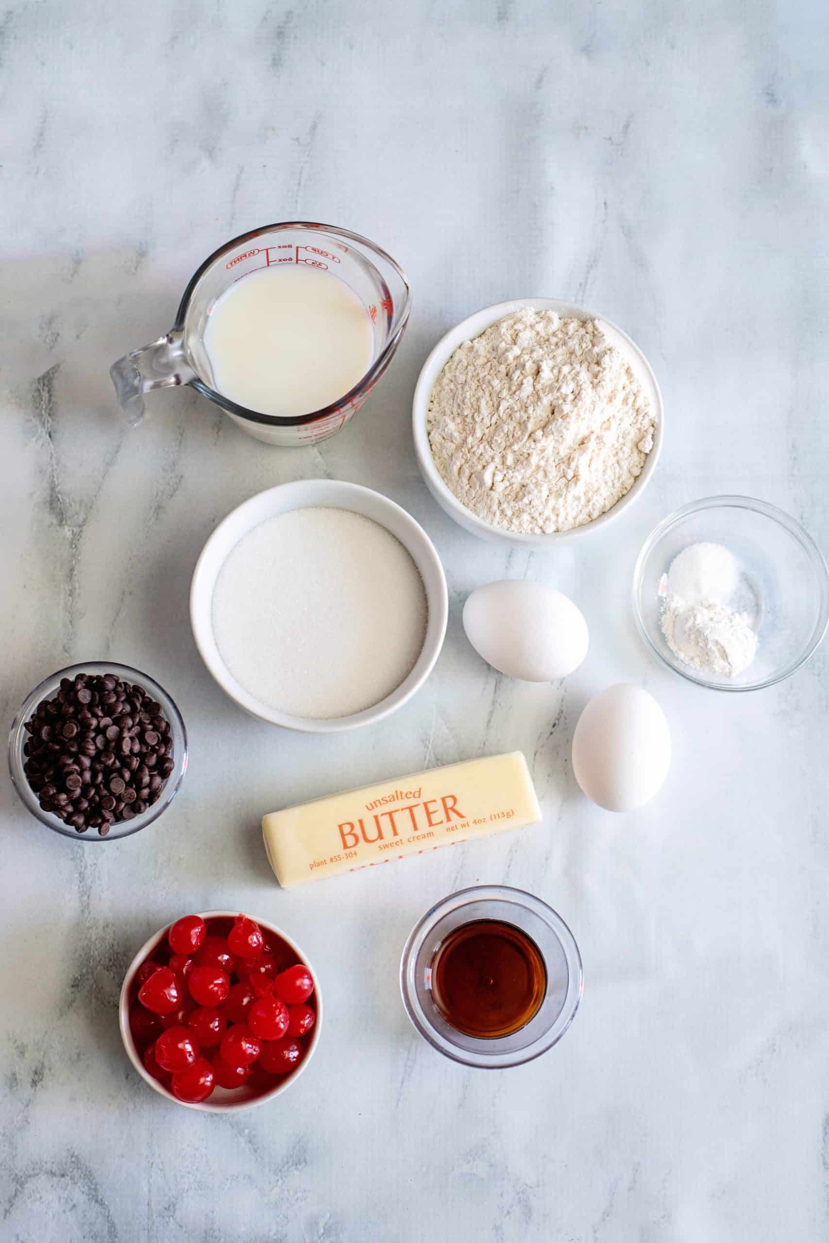 Ingredients needed to make Cherry Chocolate Chip Cupcakes: butter, sugar, eggs, vanilla extract, all purpose flour, baking powder
salt, milk, chocolate chips and maraschino cherries.