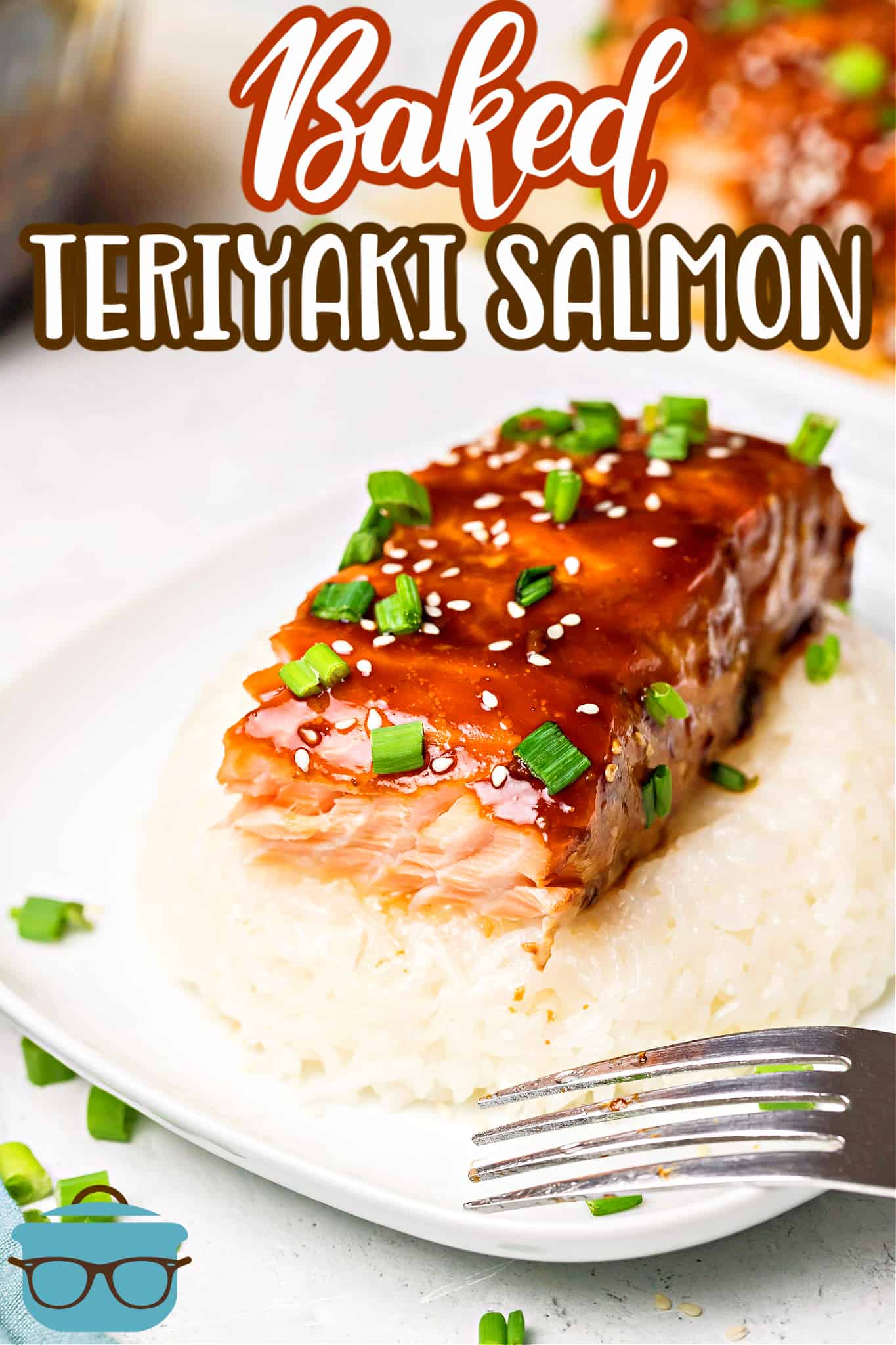 Plated slice of Easy Baked Teriyaki Salmon over rice Pinterest Image
