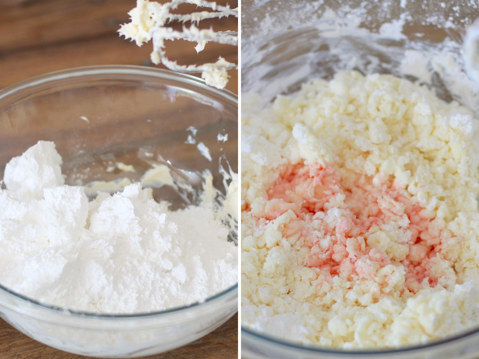 collage of two photos: powdered sugar added to bowl with butter and cream cheese; maraschino cherry juice added to mixture in bowl. 