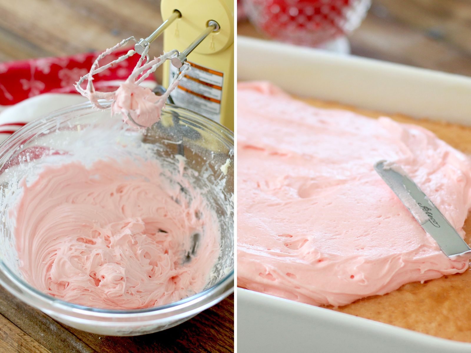 collage of two photos: pink colored frosting mixed in a bowl; frosting being spread on cooled cake. 