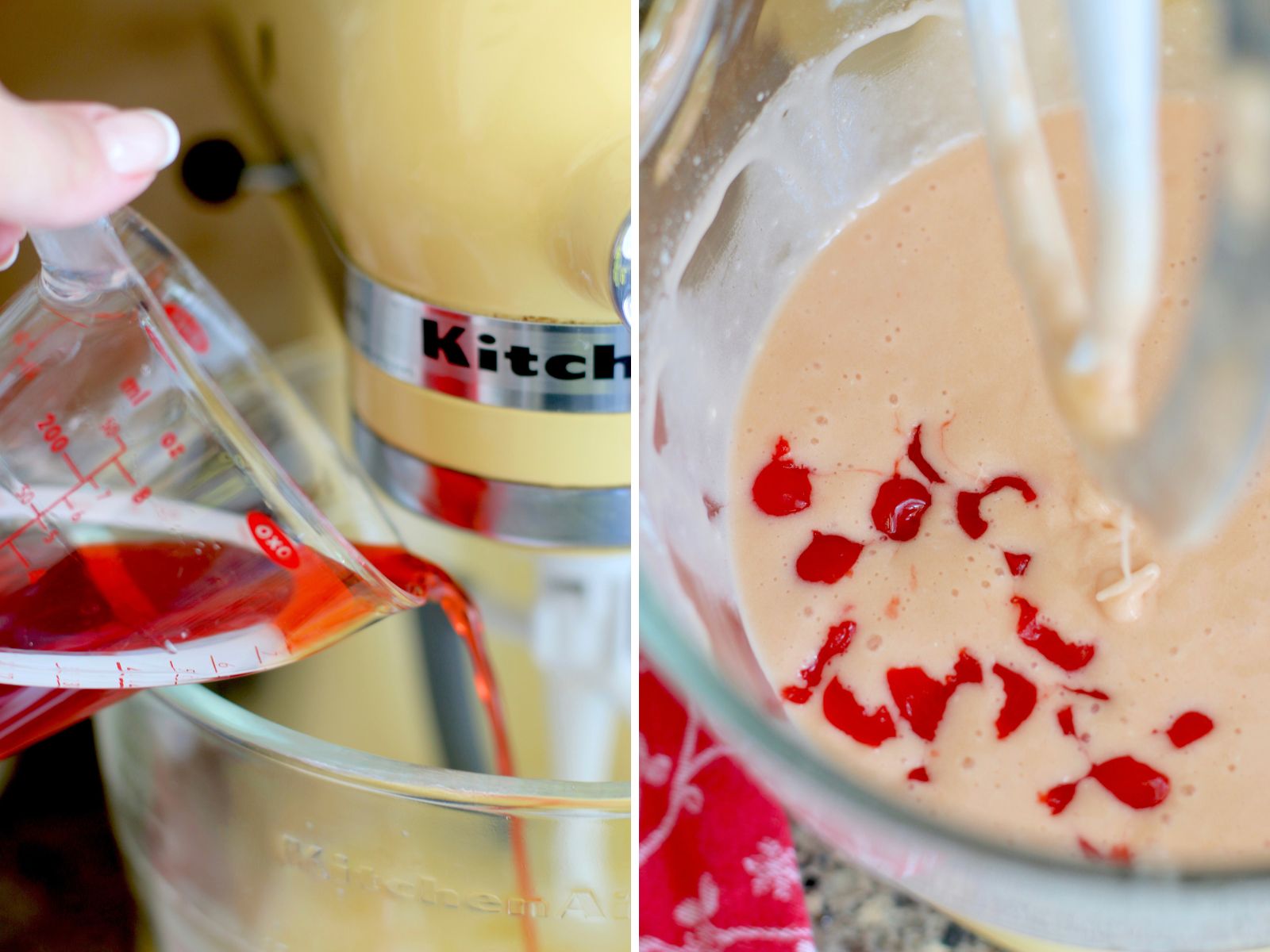 collage of two photos: maraschino cherry juice added to cake mix in a yellow KitchenAid stand mixer; cherry cake batter in the bowl of a stand mixer. 
