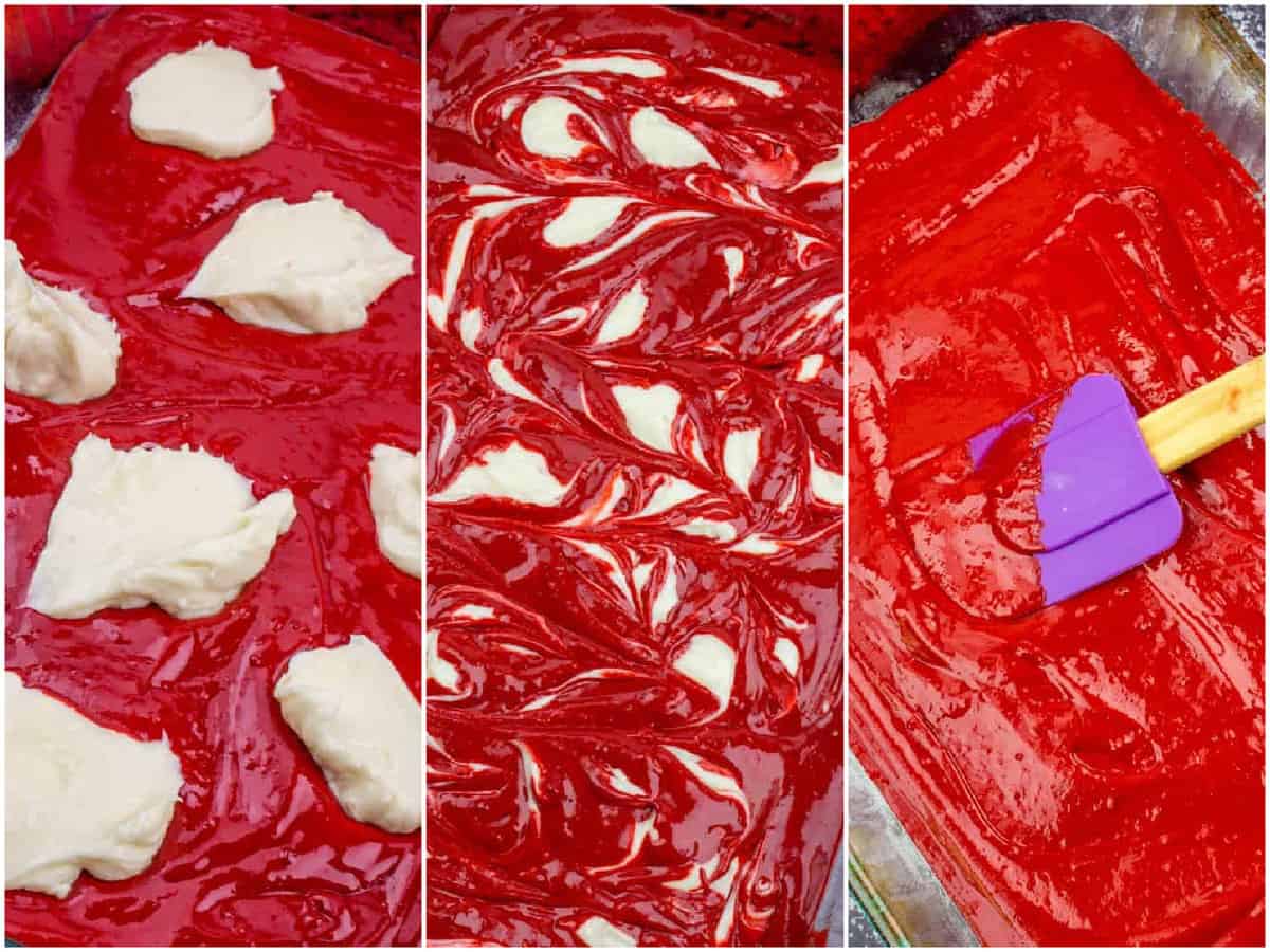 a collage of three photos: dollops of cream cheese filling on red velvet cake batter in baking dish, swirled cream cheese filling in cake batter. spreading the rest of the cake batter on top of the cream cheese filling. 