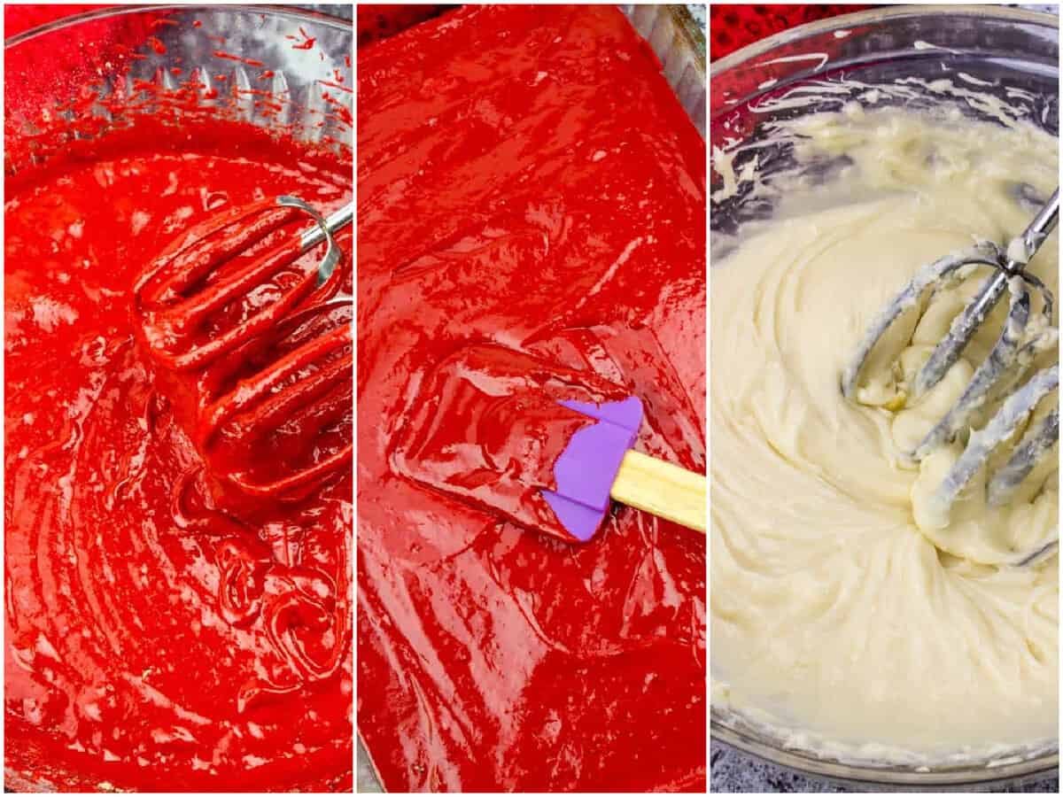 a collage of three photos: red velvet cake mix batter in a bowl, spread red velvet cake batter in a glass baking dish, cream cheese filling being mixed with a hand mixer in a bowl. 