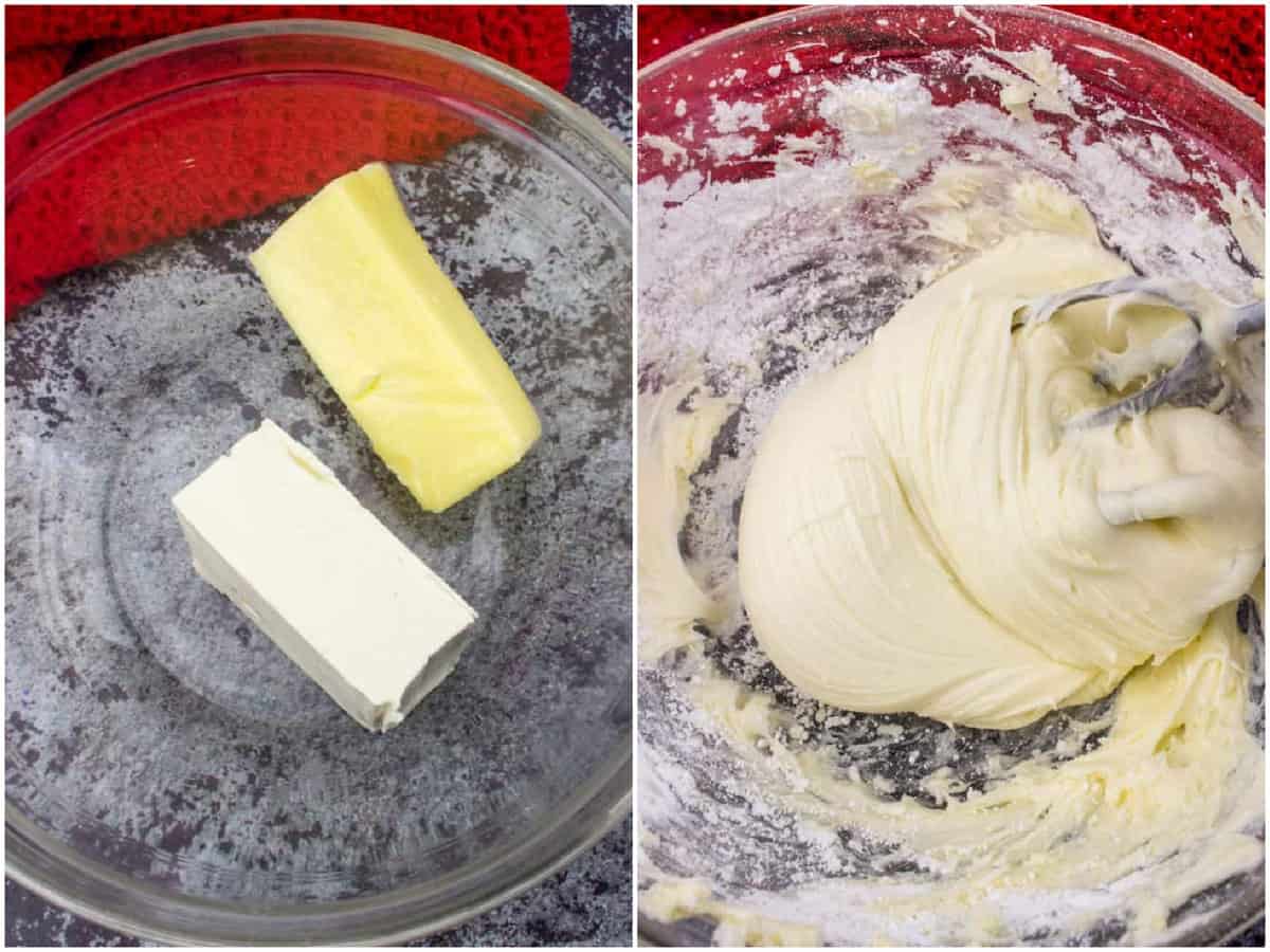 a college of two photos: cream cheese and butter in a clear bowl, cream cheese and butter fully mixed together with a hand mixer in a bowl. 