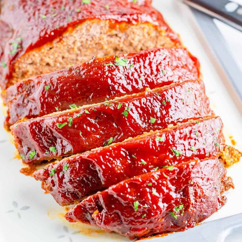 Close up of sliced Crock Pot Meatloaf square image