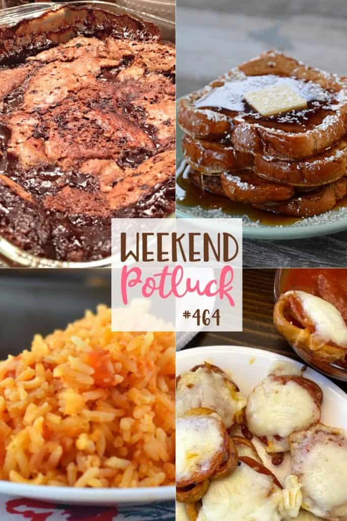 As receitas do Potluck de fim de semana incluem: Pepperoni Pretzel Pizza Bites, Autêntico Arroz Espanhol, Melhor Torrada Francesa, Bolo Quente Fudge Sundae Antiquado