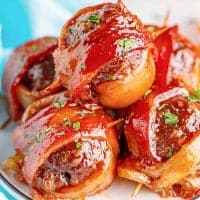 Stacked Bacon Wrapped Meatballs on plate thumbnail image