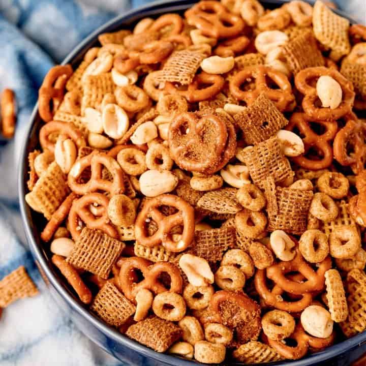 Overhead close up of The Best Party Chex Mix in bowl thumbnail