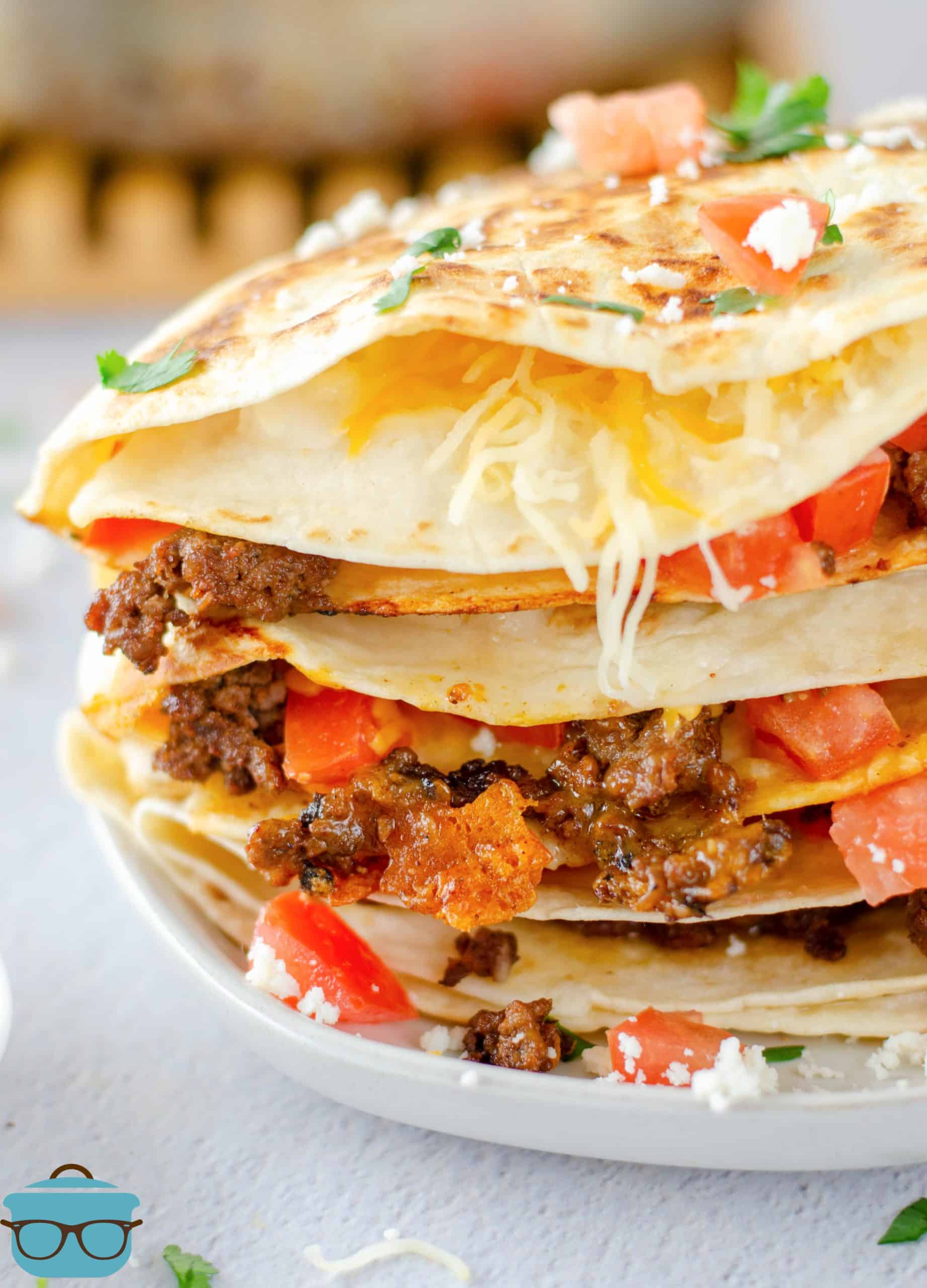 Close up of Taco Quesadillas on white plate