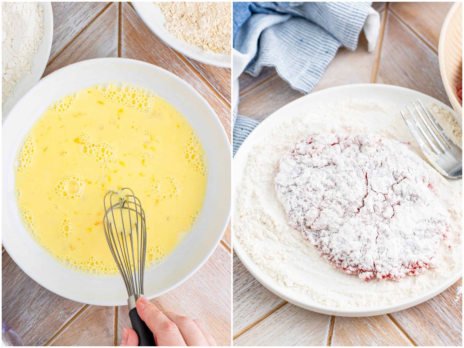 collage of two photos: eggs and milk whisked together in a white bowl; cubed steak covered in flour mixture in a shallow white bowl.