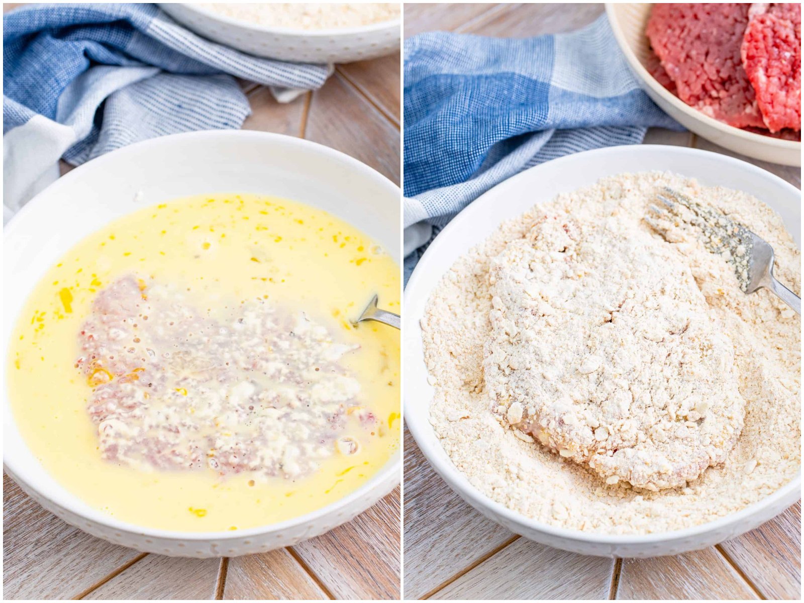 collage of two photos: flour covered cubed steak dipped into egg mixture in a shallow white bowl; coating cubed steak with cracker and flour mixture in a white bowl. 