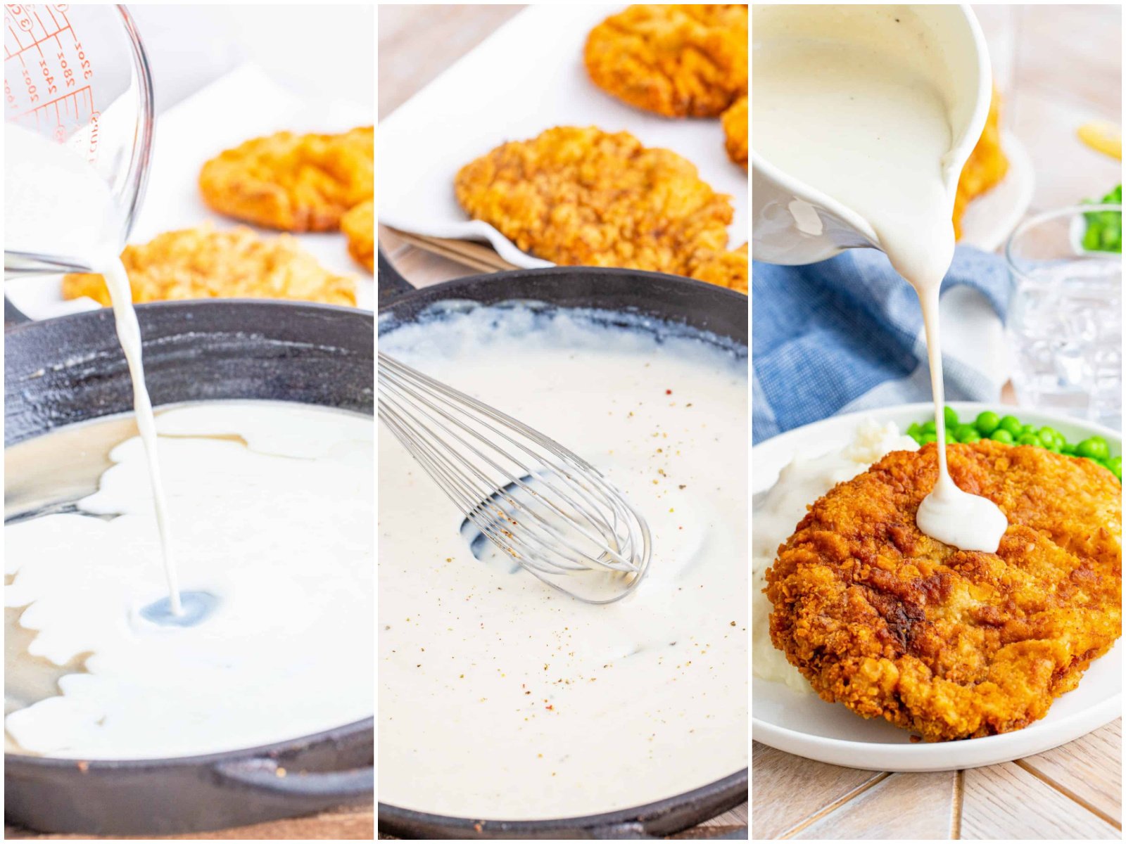 collage of three photos: pouring milk into flour mixture in cast iron pan; gravy being whisked in pan; pouring creamy gravy over fried chicken fried streak on a plate. 