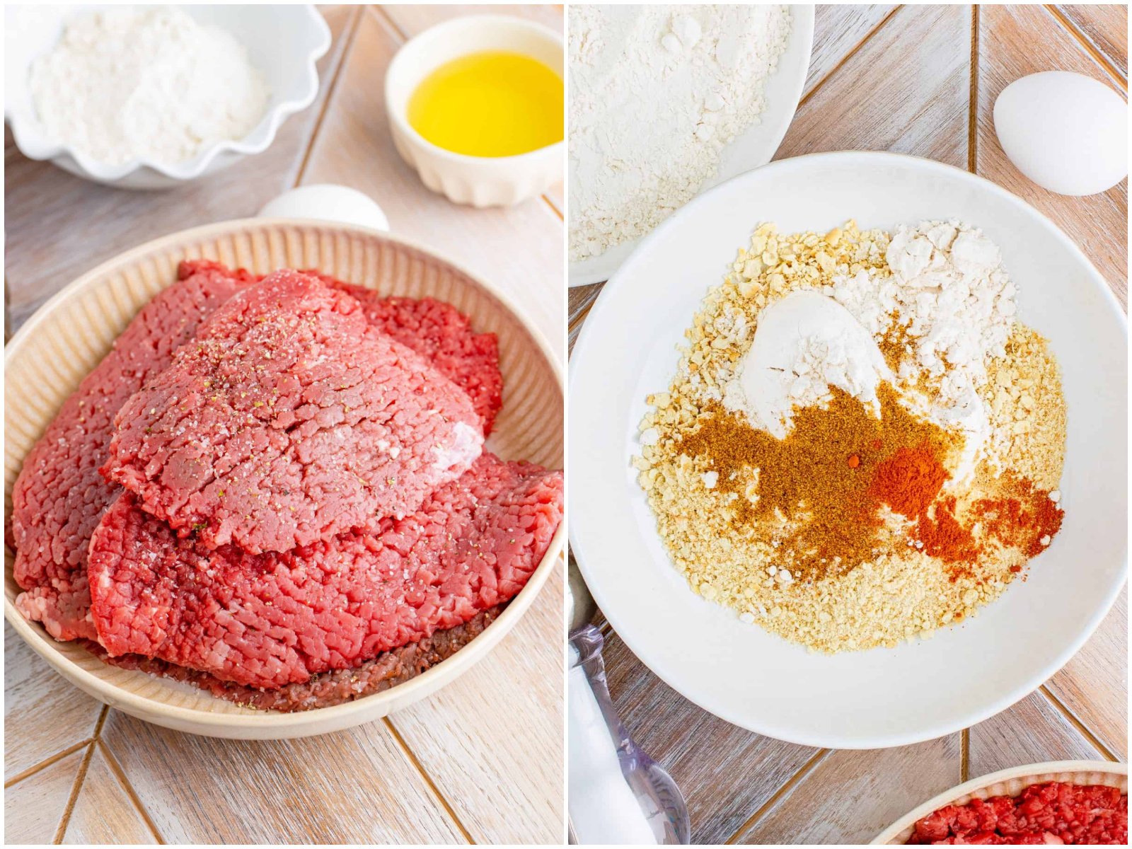 collage of two photos: cubed steaks seasoned with salt and pepper and stacked on a plate; crushed crackers, flour, seasoned salt, cayenne pepper in a white bowl.