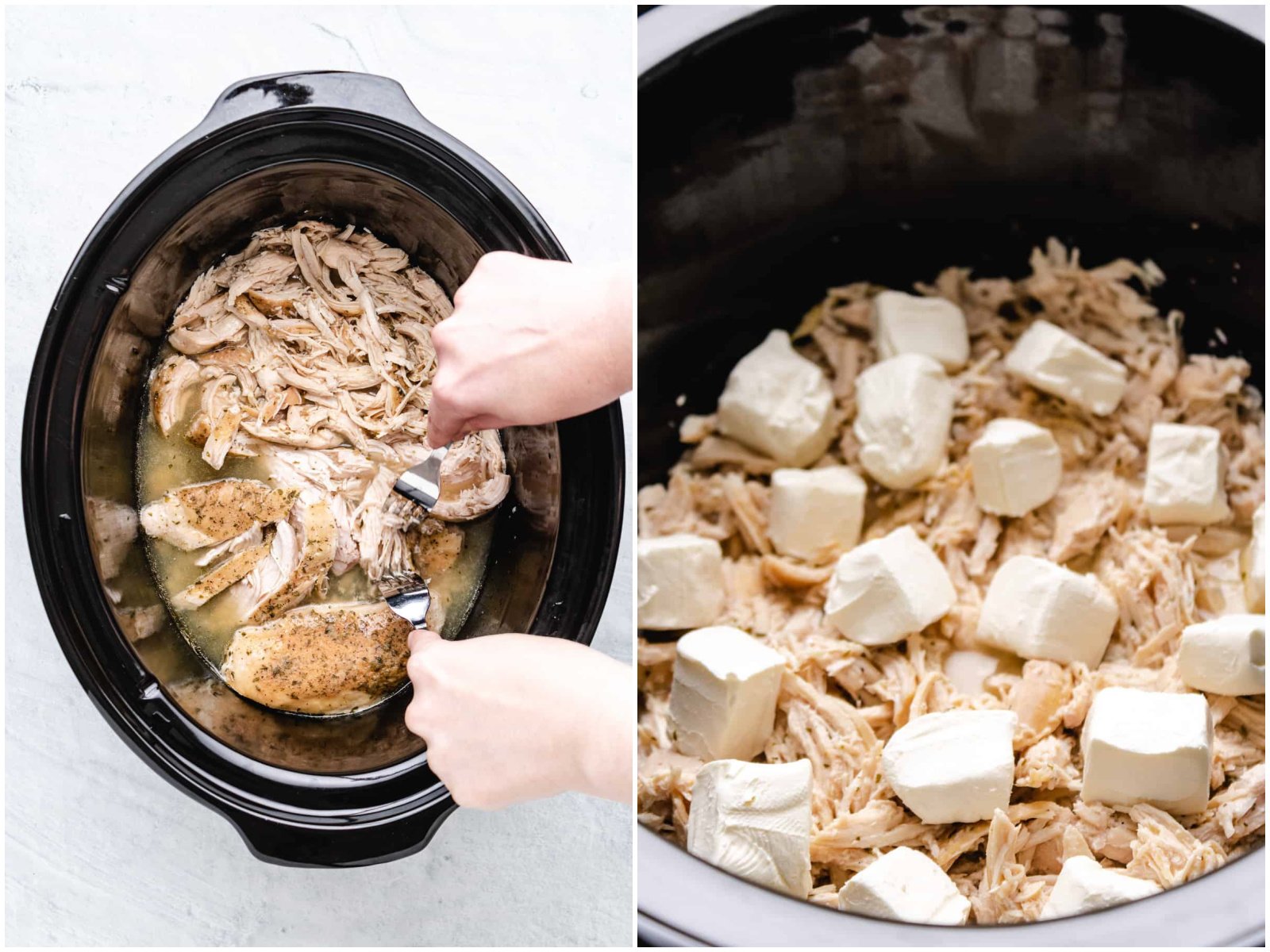 collage of two photos: hands shredding chicken with two forks; cubed cream cheese added on top of shredded chicken. 