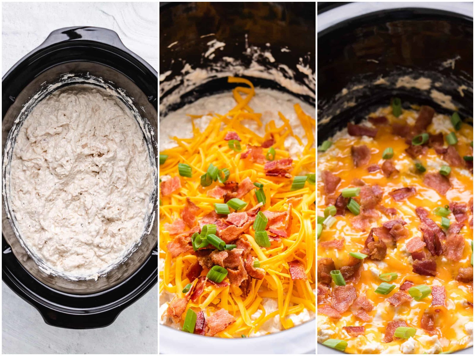 collage of three photos: cream cheese mixture stirred into shredded chicken; shredded cheese and bacon on top of creamy chicken mixture; melted cheese on chicken.