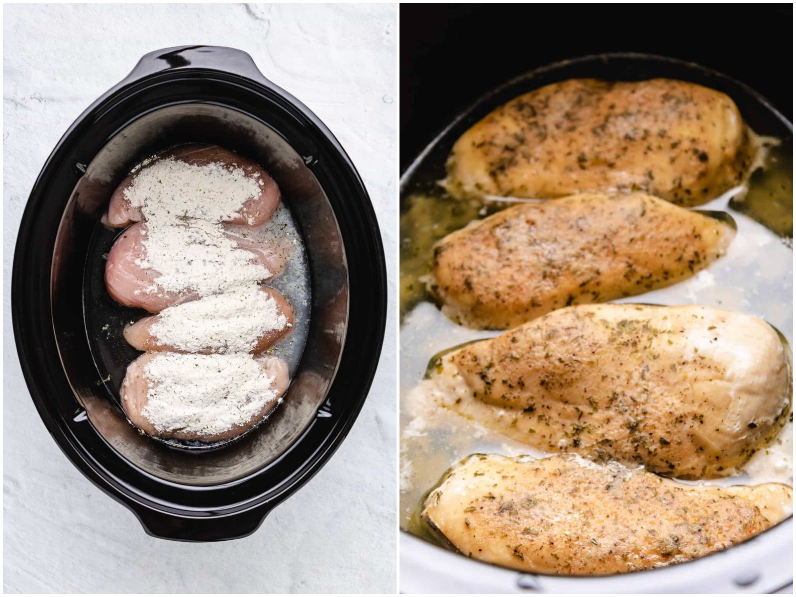 collage of two photos: chicken in crock pot with ranch seasoning on top; fully cooked chicken breasts in their juices in the slow cooker. 