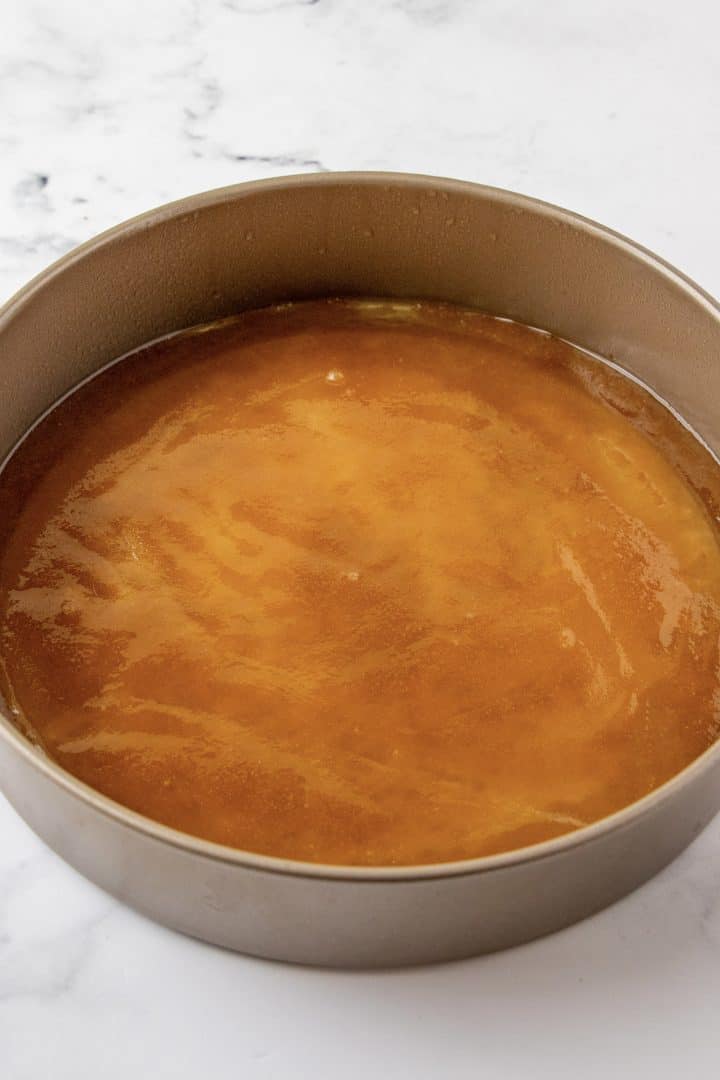 Brown sugar mixture added to bottom of pan